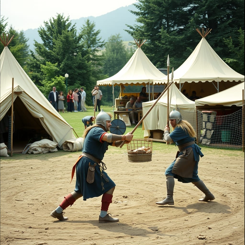 Accampamento celtico con tende e guerrieri in costume che combattono nell'arena, banchi di artigiani vicino al lago, pomeriggio di settembre