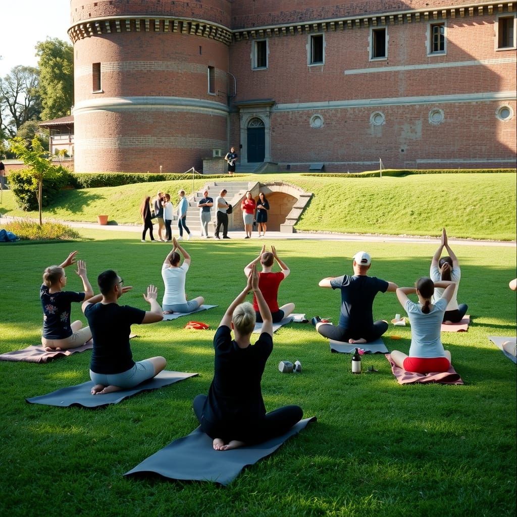 Gruppi di yoga e laboratori sul prato del parco del castello medievale di mattoni rossi di Piovera, luce del mattino