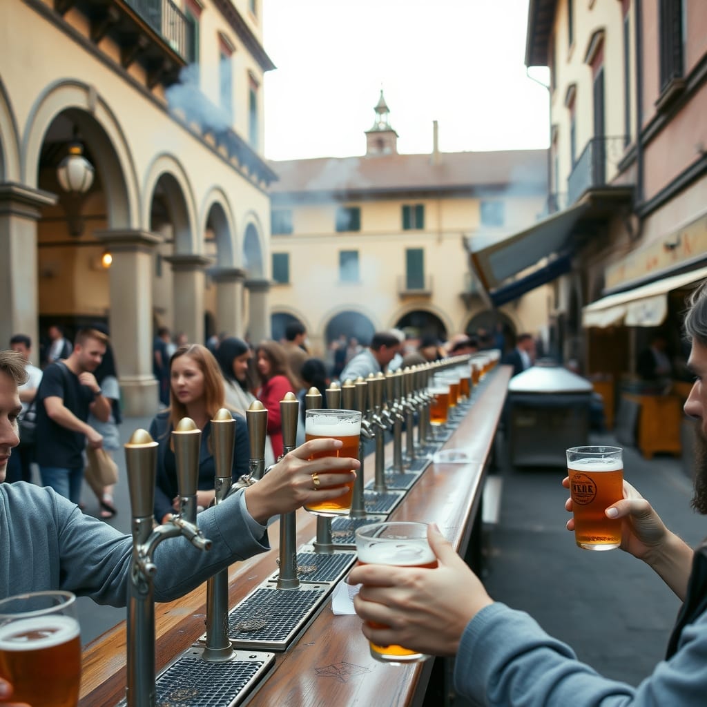 Festa della birra artigianale sotto i portici di una piazza di Biella: lungo bancone di legno con le spine, calici di birra ambrata e la griglia