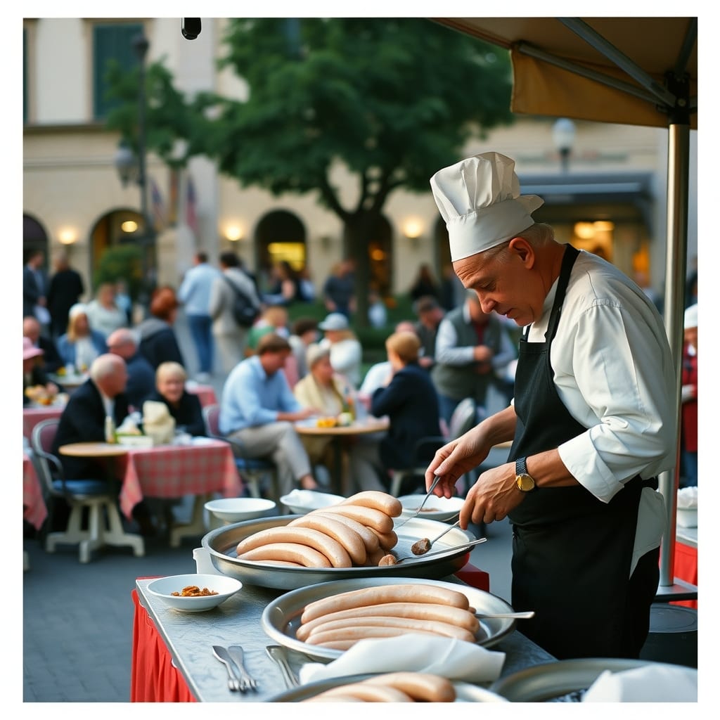 Uno chef cuoce la salsiccia di Bra su un palco in piazza, con il mercato del cibo e la gente seduta ai tavoli, sera di settembre