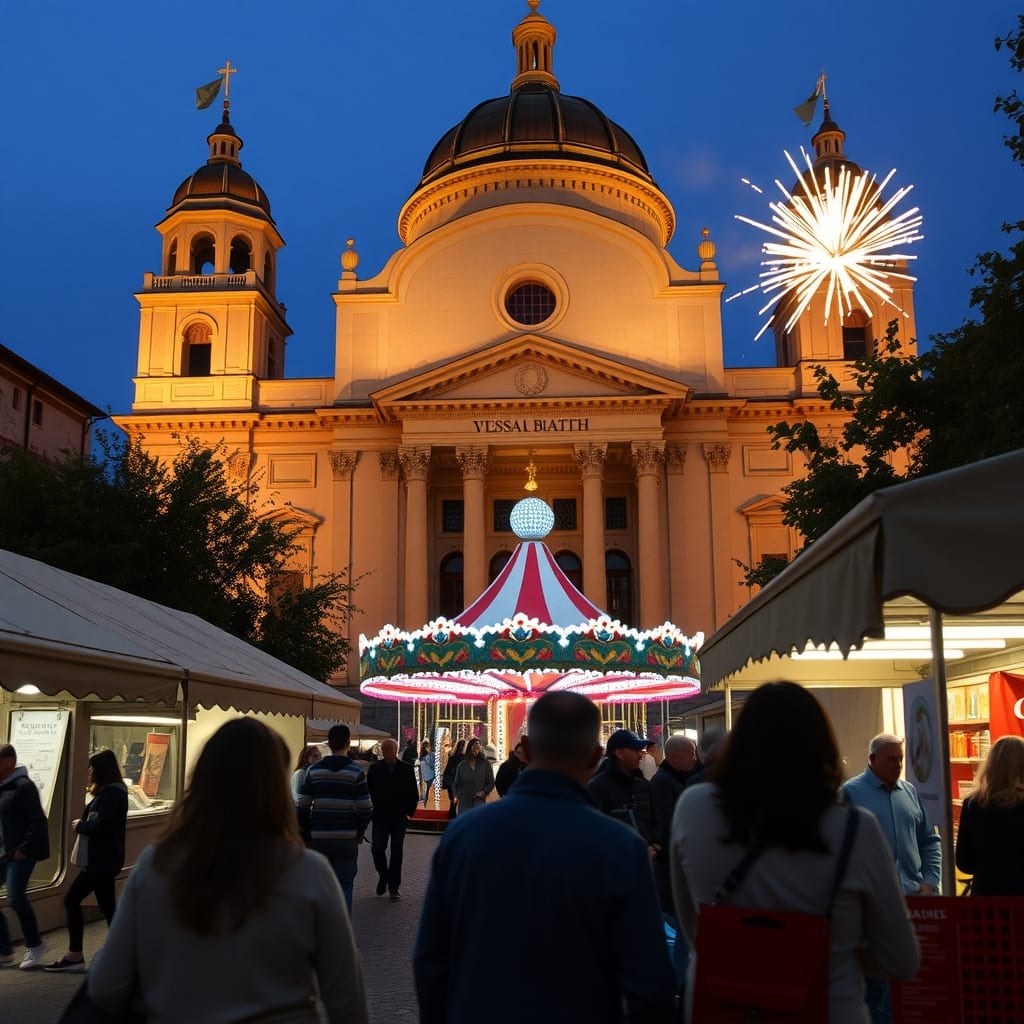 Fiera serale davanti al santuario barocco di Vicoforte con la grande cupola: bancarelle, una giostra illuminata e i fuochi d'artificio