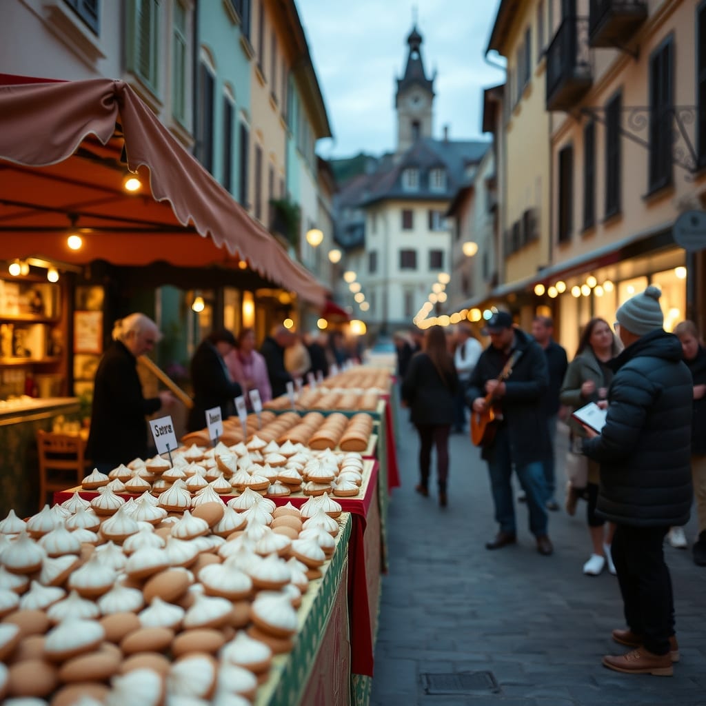 Banchi di nocciolini, i piccoli amaretti di nocciola di Chivasso, lungo la via della festa, con assaggi e musica in una sera di settembre