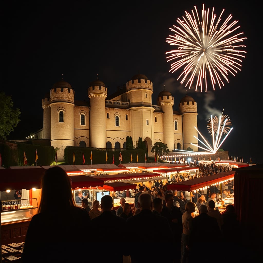 Grande festa del vino davanti al castello di mattoni di Casale Monferrato: decine di stand gastronomici, migliaia di posti a sedere e i fuochi