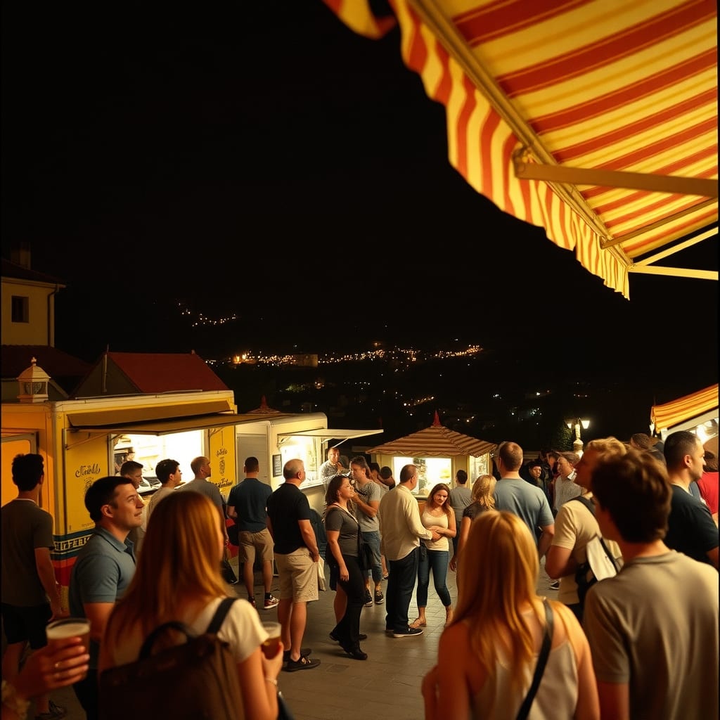 Festa della birra di notte nella piazza di Pino Torinese: food truck, una band rock sul palco, la folla e Torino illuminata giù nella valle