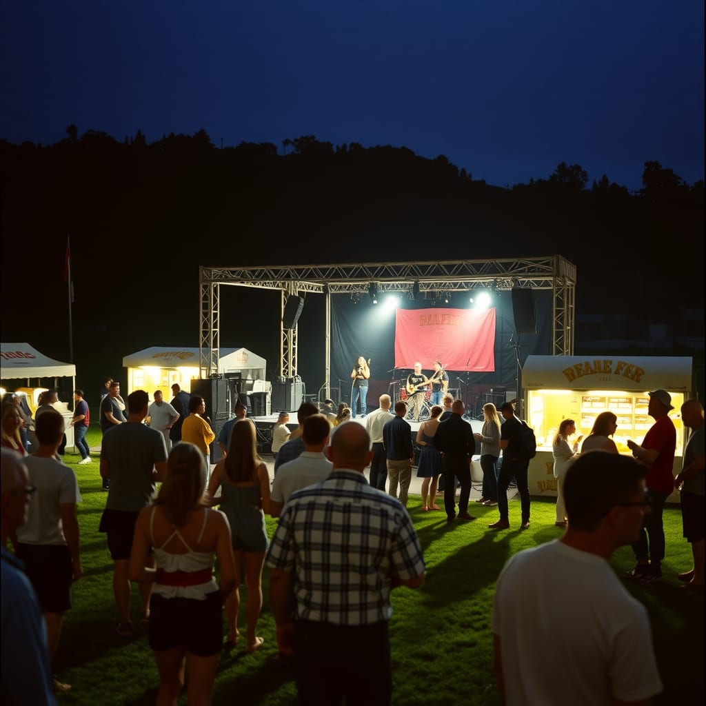 Festa della birra di notte sul prato dell'ippodromo di Vinovo: il palco con una cover band, gli stand del cibo e la gente in mezzo