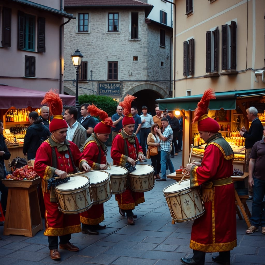 Festa della vendemmia nella piazza di Canelli con i tamburini in costume, i banchi del vino e le storiche cantine sotterranee del paese