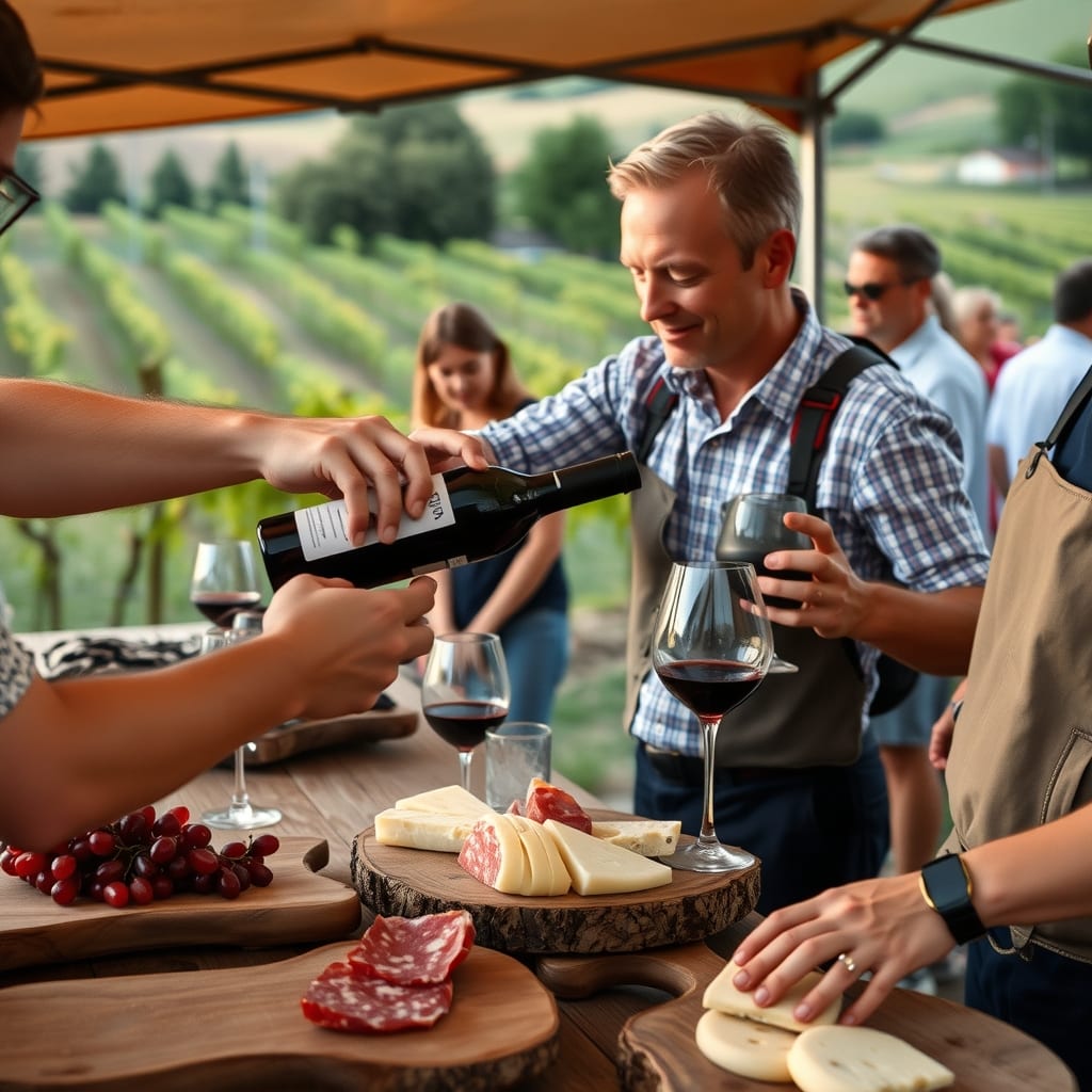 Produttori che versano vino rosso a una festa di campagna fra le vigne di Marano Ticino, con taglieri di salame e formaggio sui tavoli
