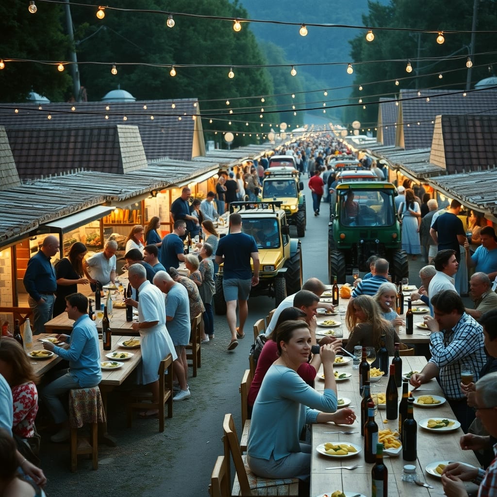Grande villaggio di stand di legno con tavolate ad Asti: gente che mangia agnolotti e beve vino sotto le luci, la sfilata con i trattori