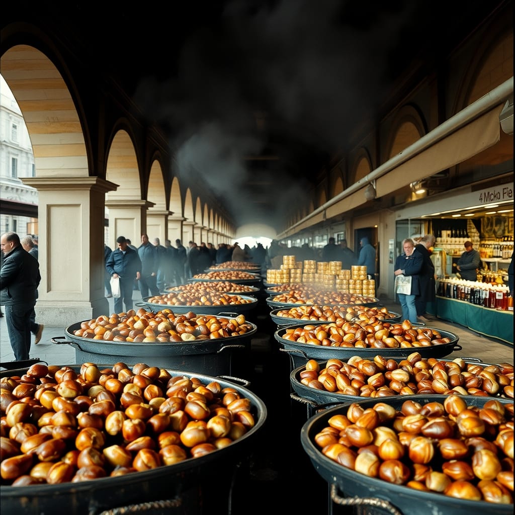 Fiera del marrone sotto i portici di Cuneo: grandi padelle di caldarroste sul fuoco, il fumo, i banchi con castagne e vasetti, gente in giro
