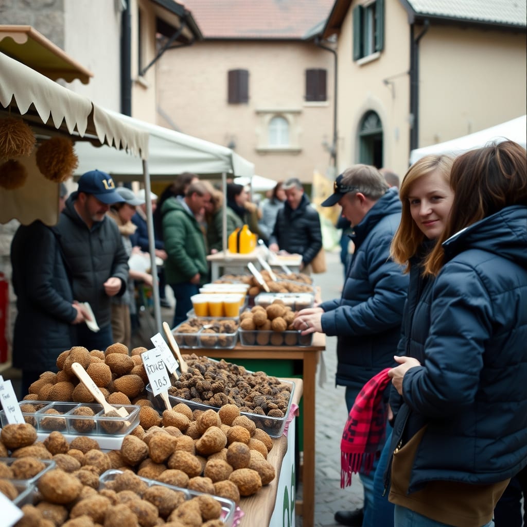 Piccola fiera del tartufo di paese a Mombercelli, con i banchi del mercato e i prodotti locali, mattino d'ottobre