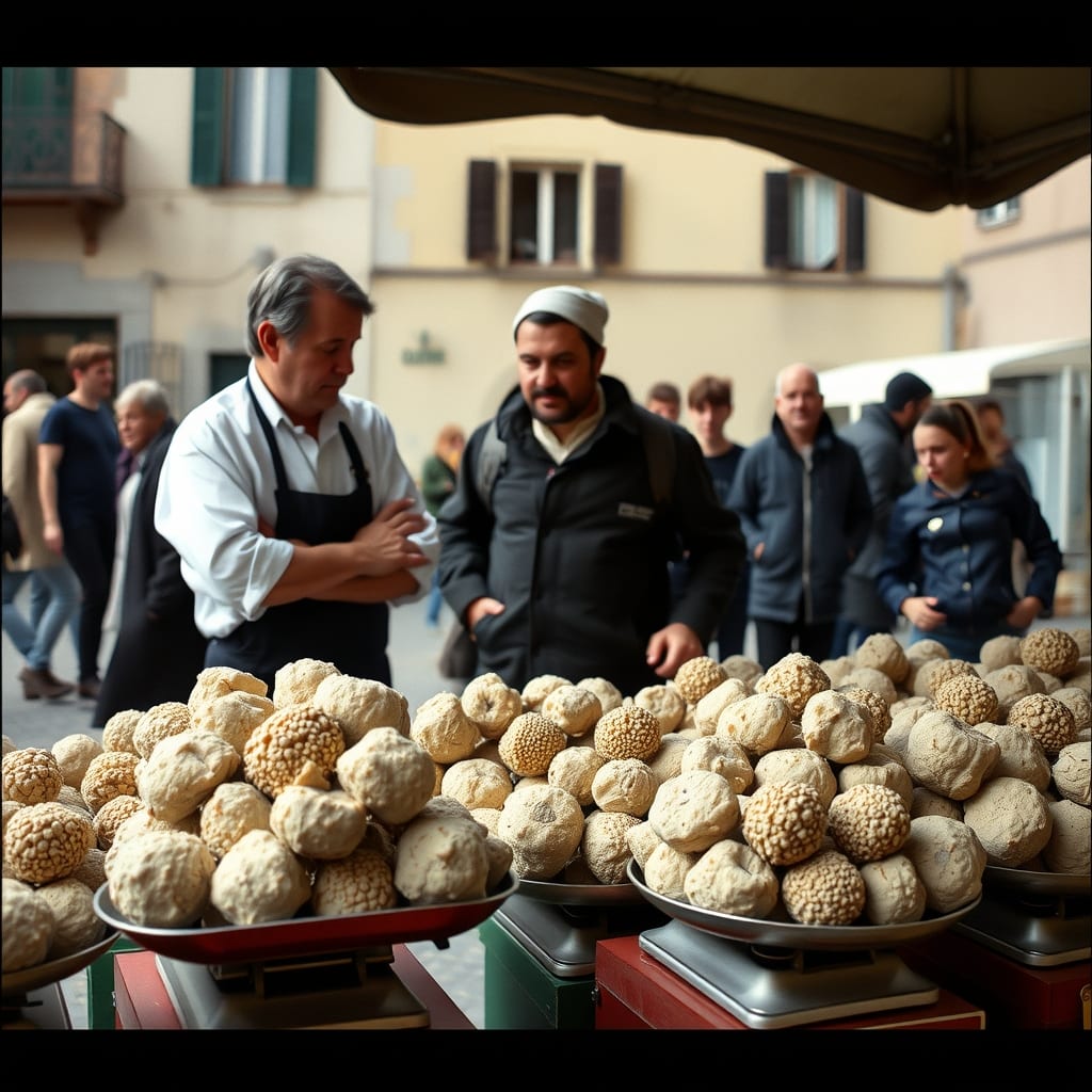 Mercato del tartufo bianco nella piazza di Moncalvo: i venditori con i tartufi sulla bilancia e uno show cooking, mattino d'ottobre