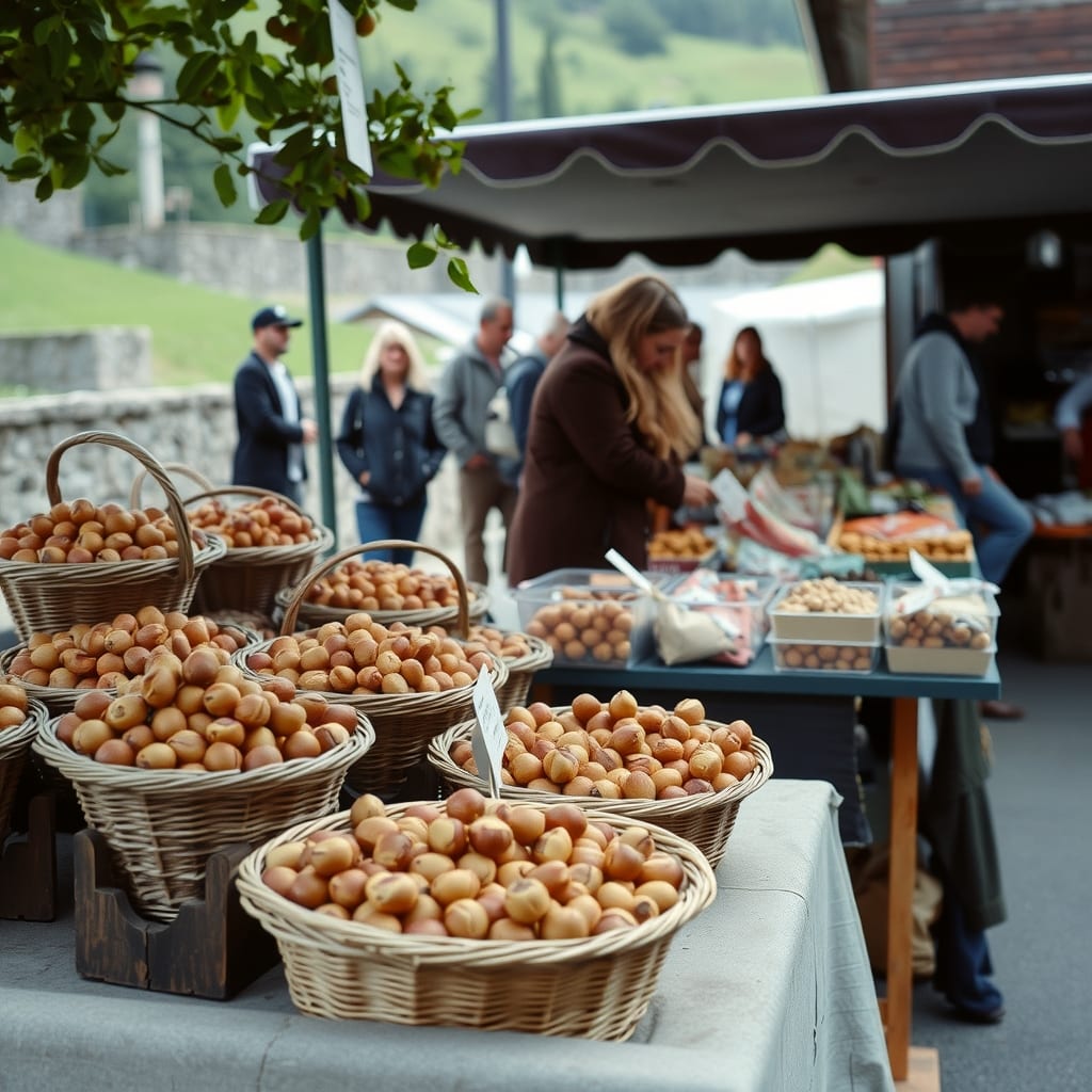 Fiera della nocciola a Casalborgone: ceste di nocciole e prodotti locali sui banchi del paese di collina, mattino di settembre