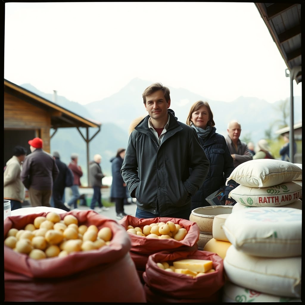 Mercato di paese di montagna a Entracque con i sacchi di patate e i formaggi locali, le cime alpine dietro, mattino di settembre