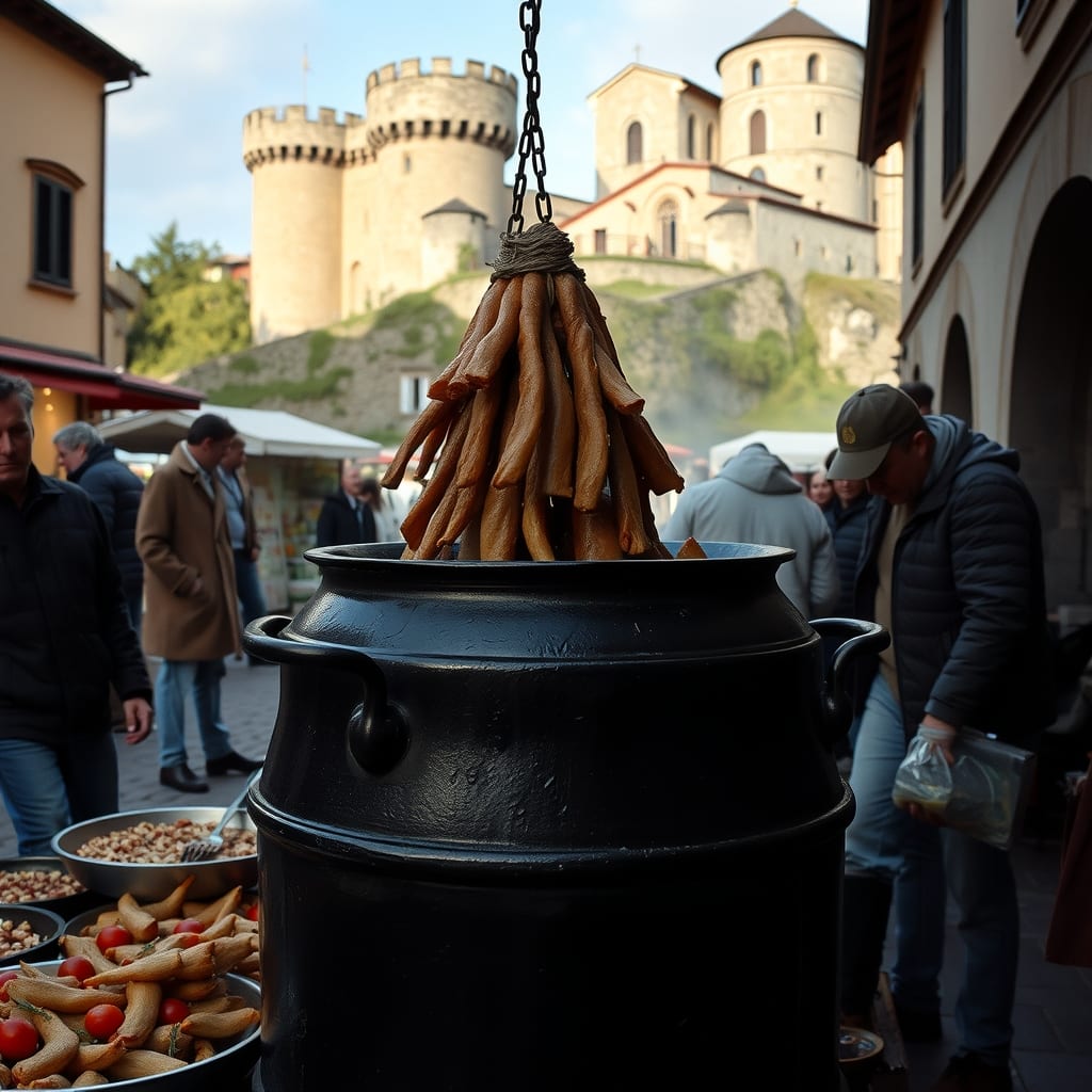Un pentolone di trippa che cuoce e viene servito nella piazza del mercato di Moncalieri, sotto il castello con le torri rotonde