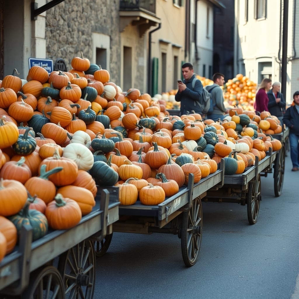Centinaia di zucche di ogni colore e forma esposte sui carri agricoli lungo la via di Piozzo, luce del mattino d'ottobre