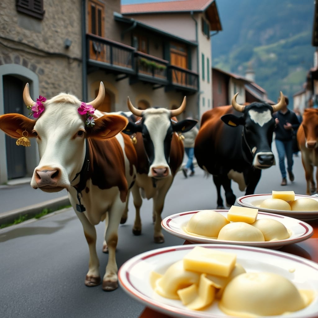 Mucche con fiori e campanacci lungo la via principale di Sampeyre, in valle Varaita, e i piatti di gnocchi di patate al burro