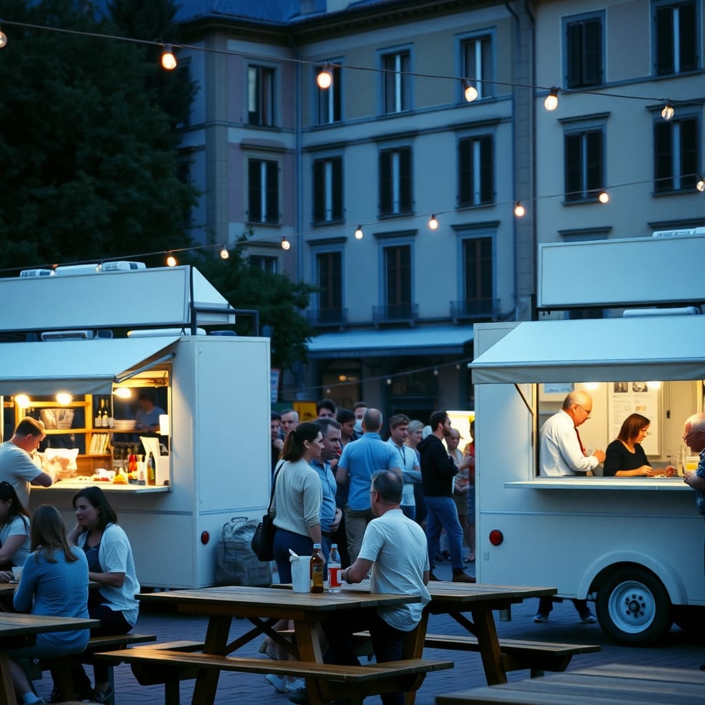 Festival serale di street food nella piazza di Chieri: food truck con le finestrelle aperte, tavoli di legno, luci appese e gente che mangia