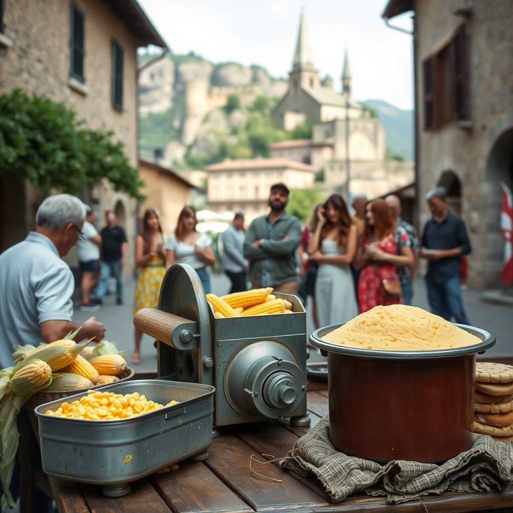 Festa del mais a Chiusa di San Michele: una vecchia sgranatrice, il pane di meliga e il paiolo della polenta, con la Sacra sulla rupe