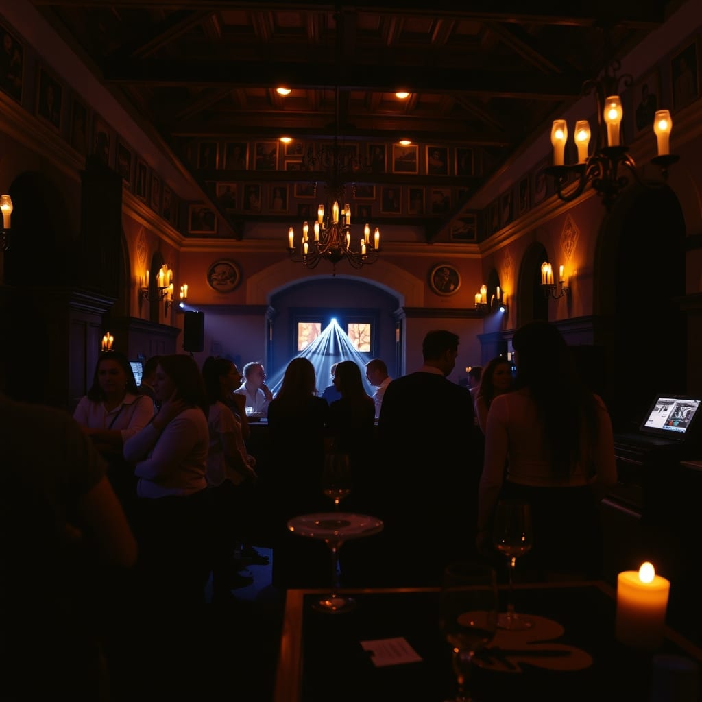 Festa di Halloween nella sala di un castello del Settecento a San Giorgio Canavese: luci da dj, bancone dei cocktail e gente in costume