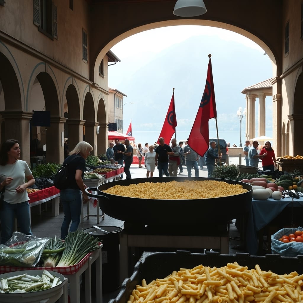 Mercato dei contadini nella piazza medievale porticata di Avigliana, un pentolone di risotto che cuoce, gli sbandieratori e il lago vicino