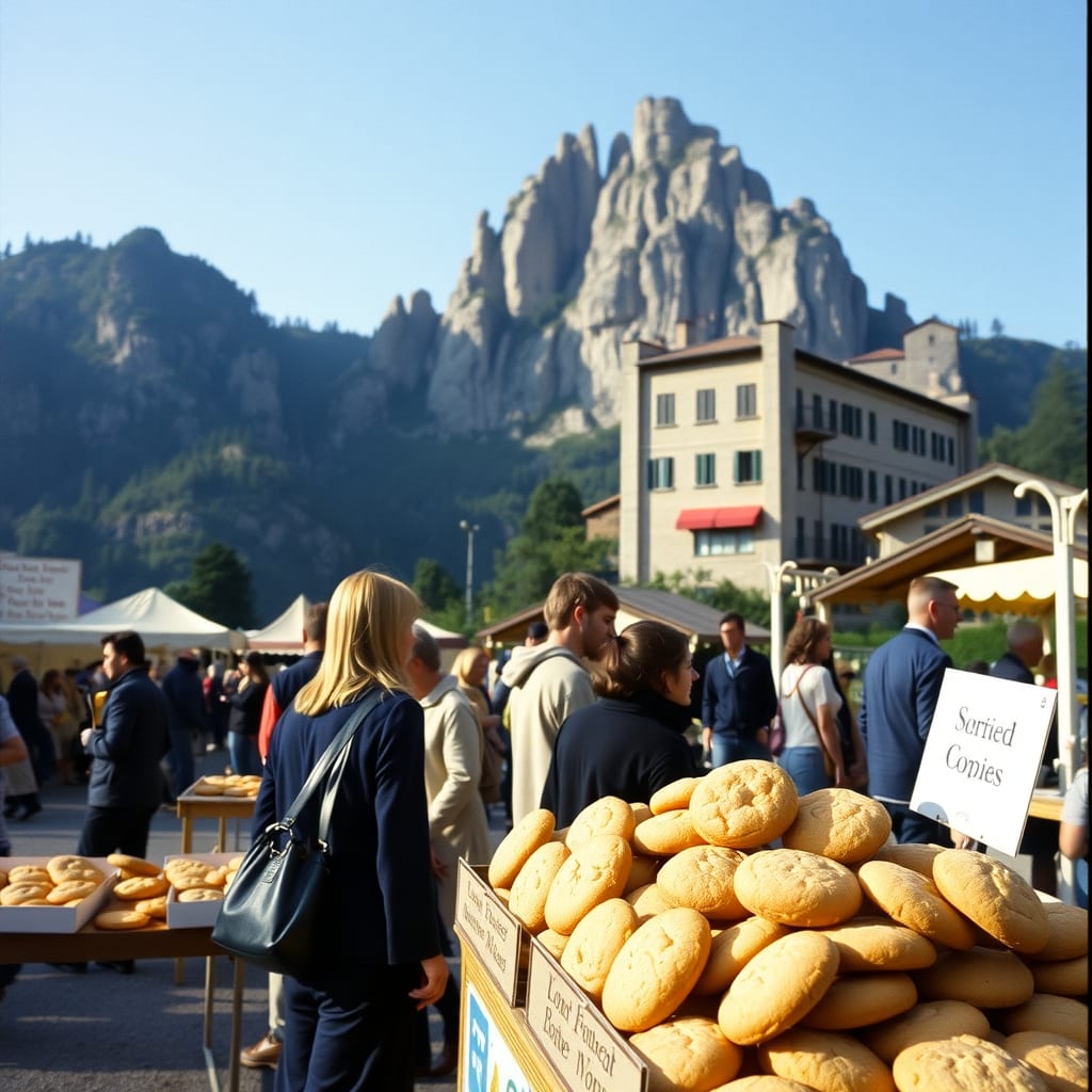 Banco di paste di meliga a una fiera di paese a Sant'Ambrogio di Torino, sotto la Sacra di San Michele arroccata sulla rupe