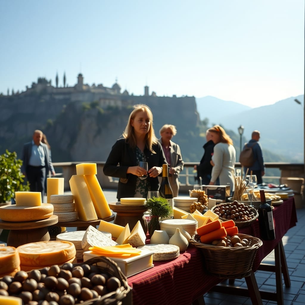Piccolo mercato contadino con formaggi, nocciole e vino nella piazza di Monteu Roero, in cima alle rocche di sabbia e alle vigne