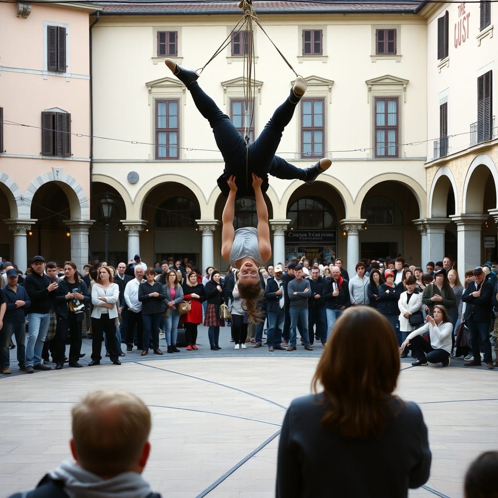 Spettacolo di danza acrobatica nella grande piazza porticata di Cuneo, con le attrezzature del circo contemporaneo e il pubblico intorno