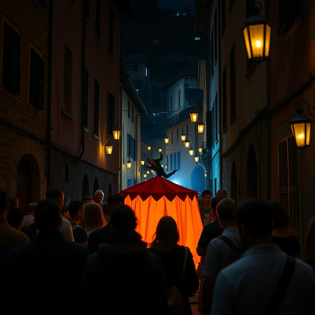 Artisti di circo e installazioni luminose nelle vie strette del borgo medievale di San Raffaele Cimena, di notte, con il pubblico che guarda