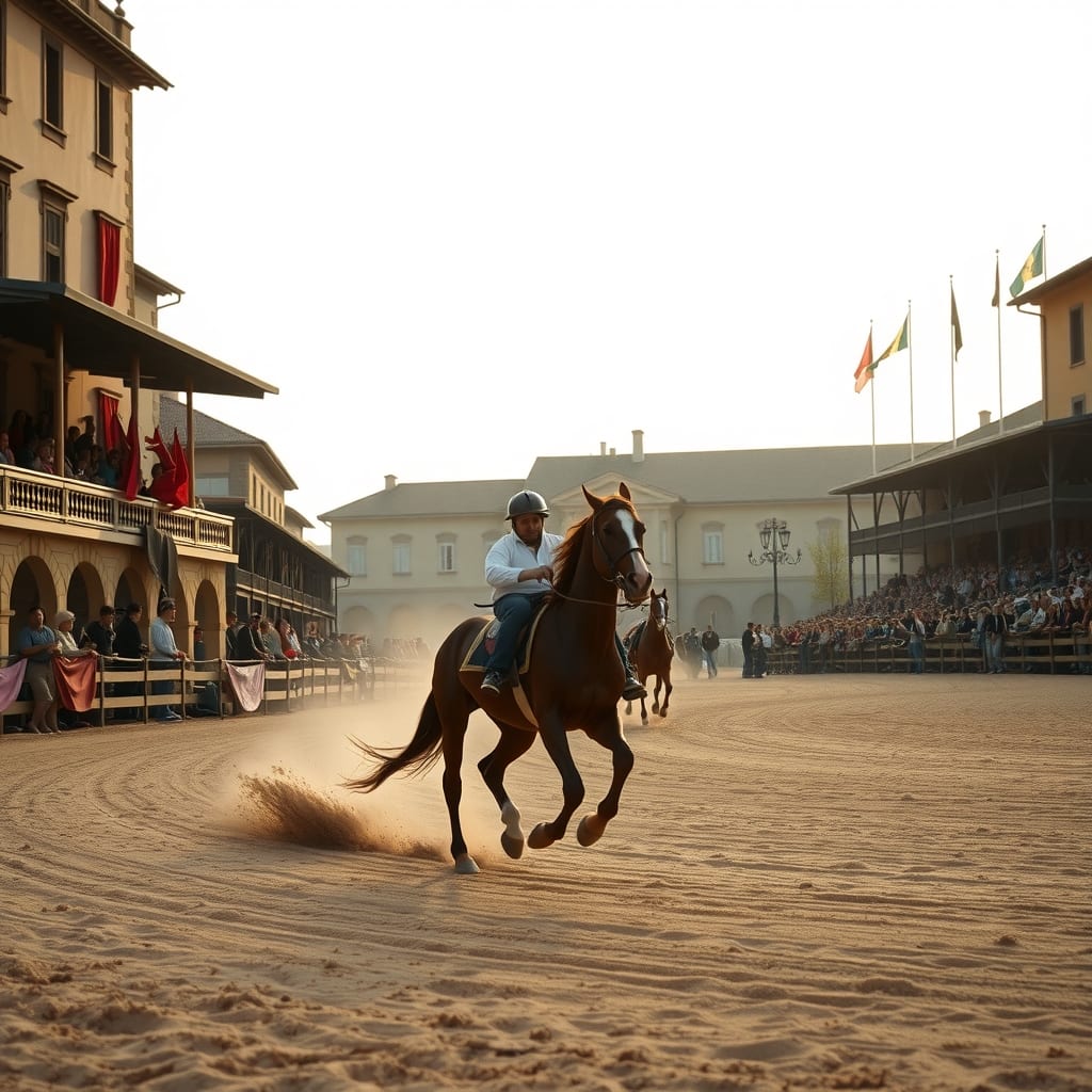 Corsa di cavalli a pelo sulla pista di sabbia nella piazza barocca di Asti, con le tribune di legno piene di spettatori e le bandiere