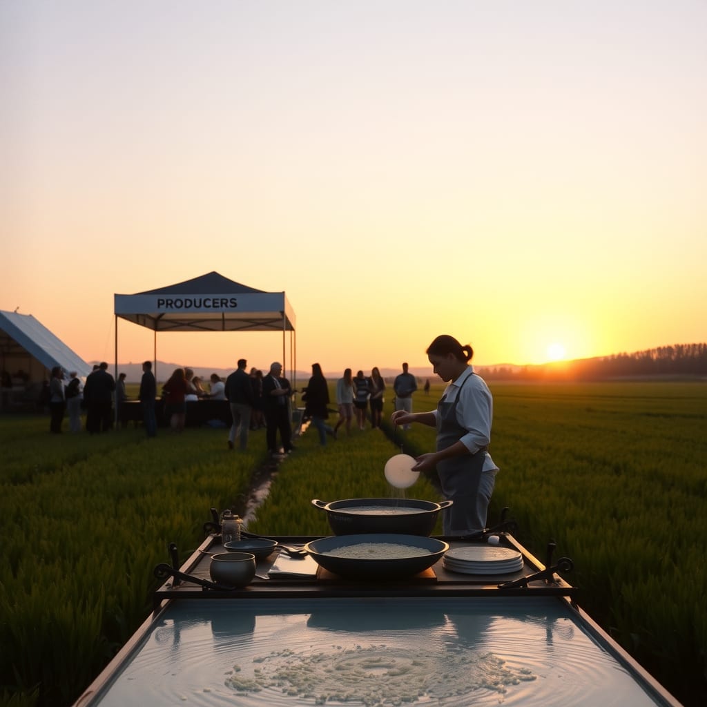 Festival del riso a Vercelli con i padiglioni dei produttori e uno show cooking di risotto, e le risaie allagate al tramonto