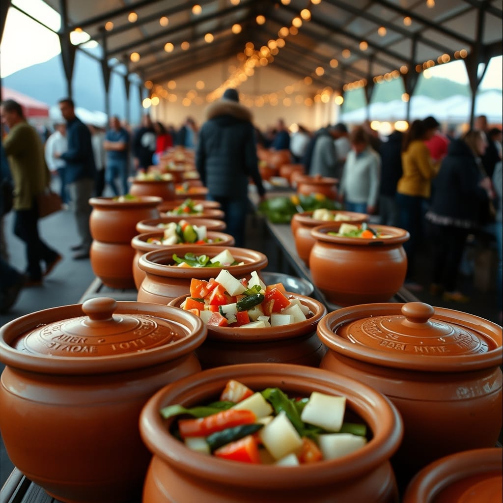 Pentolini di terracotta di bagna cauda con le verdure crude sulle tavolate dentro il padiglione della sagra di Volpiano, di sera
