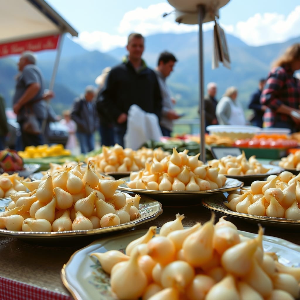 Piatti di cipolline in agrodolce alla sagra di Quincinetto, con il mercatino dei prodotti locali e le montagne che chiudono la valle