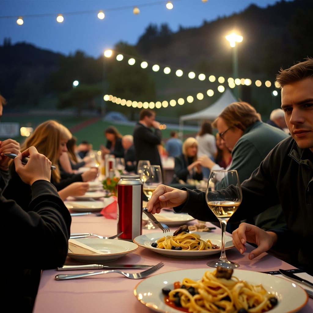 Cena con le tagliatelle ai porcini ai tavoli sotto le luci del campo sportivo di Cassinelle, in collina, sera di settembre