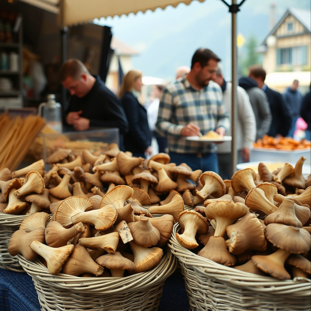 Ceste di porcini freschi alla sagra di Quassolo, ai piedi delle Alpi, e lo stand che serve le tagliatelle ai funghi