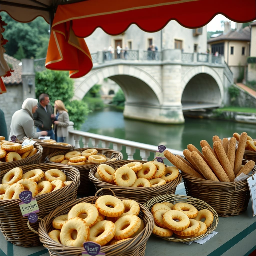 Ceste di torcetti e grissini al banco della sagra di Lanzo Torinese, con il ponte medievale di pietra sul fiume, mattino di settembre