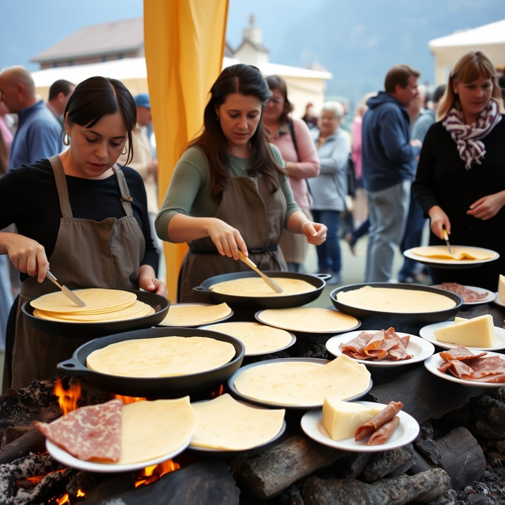 Donne che cuociono le miasse, cialde sottili di farina di mais, sulle piastre di ghisa sul fuoco a Tavagnasco, con formaggio e salame