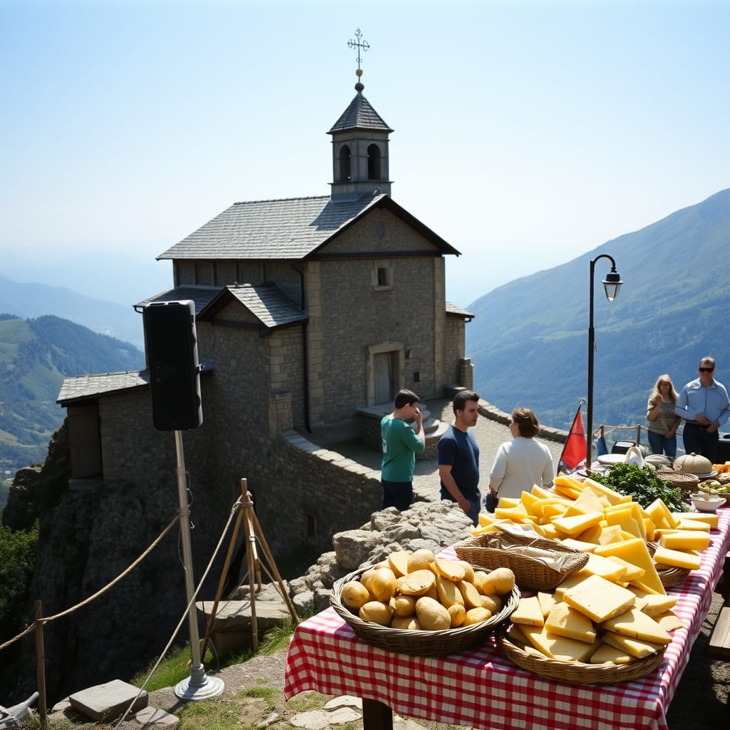 Borgata di pietra in alto sulla montagna sopra Condove, con la chiesa, un tavolo della sagra con patate e formaggio e la valle sotto