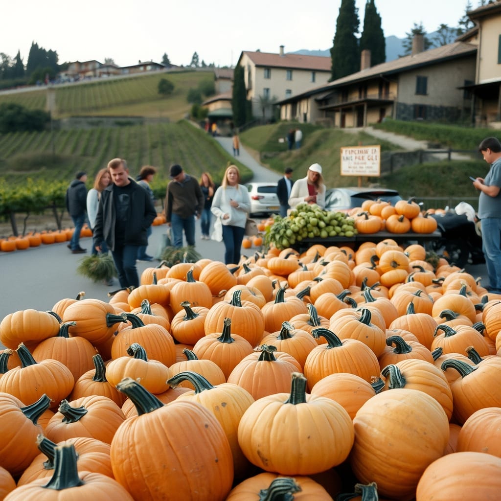 Fiera della zucca a Sciolze: il mercato delle zucche nel paese di collina, con le vigne intorno, mattino d'ottobre
