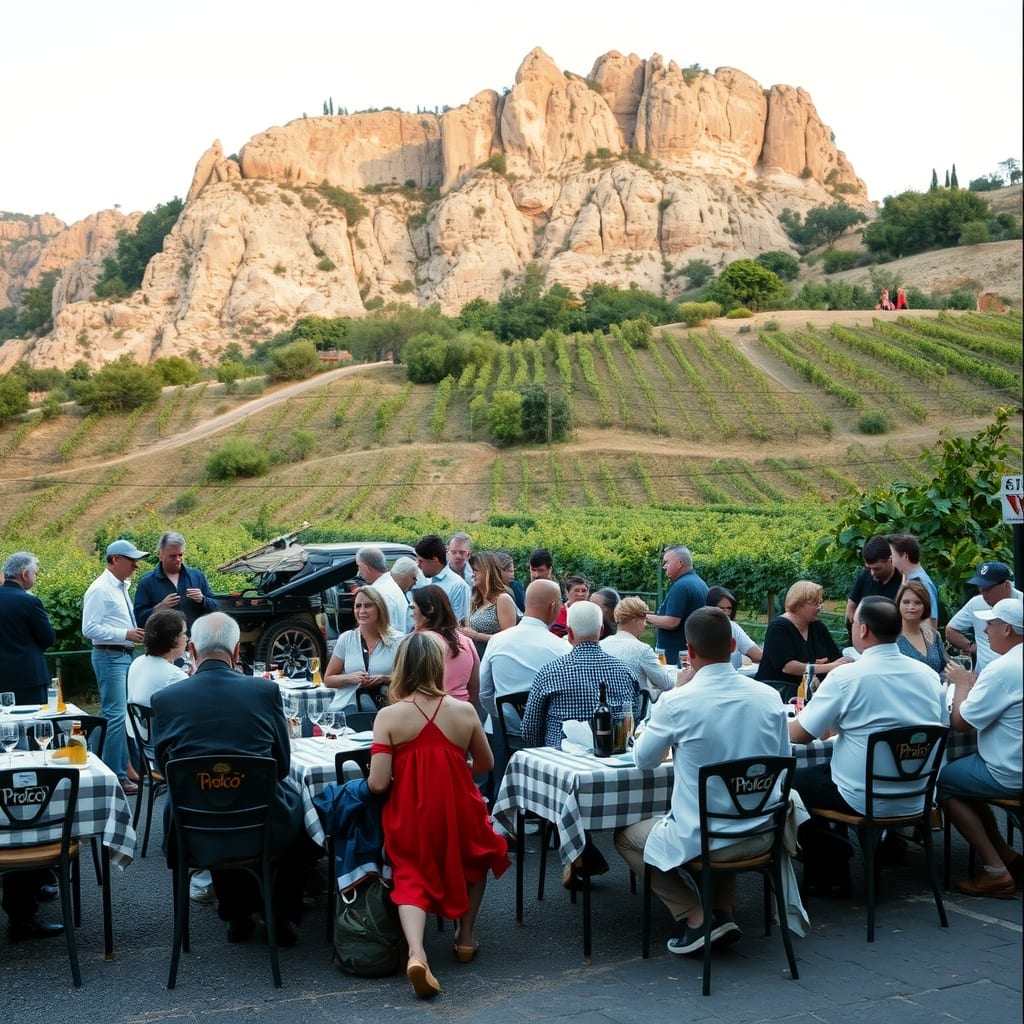 Festa di paese a Montà con i tavoli del ristorante della Pro Loco e una band, e le rocche di sabbia del Roero con le vigne dietro