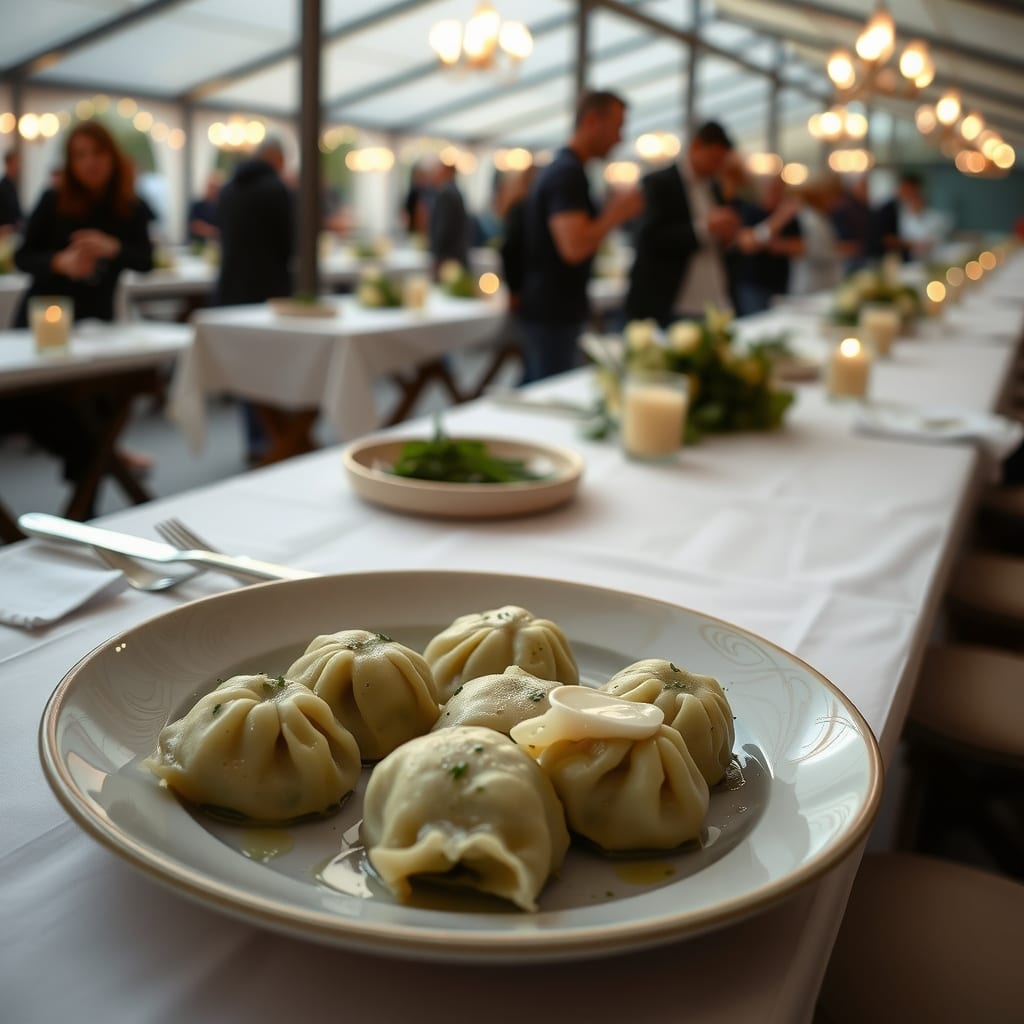 Piatto di rabaton, gnocchi verdi di ricotta ed erbe, con il burro fuso su un tavolo della sagra, in un salone coperto con le tavolate