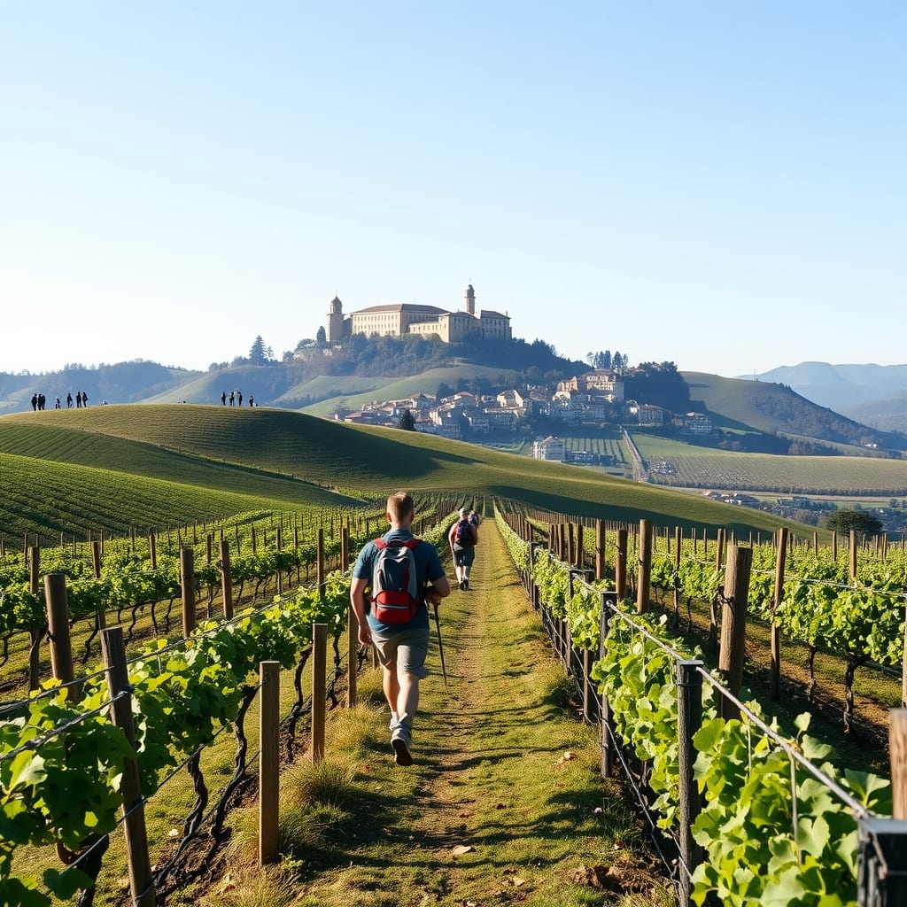 Sentiero fra i filari di Nebbiolo sulle colline ondulate, con due escursionisti e, in fondo, un paese in cima con il castello