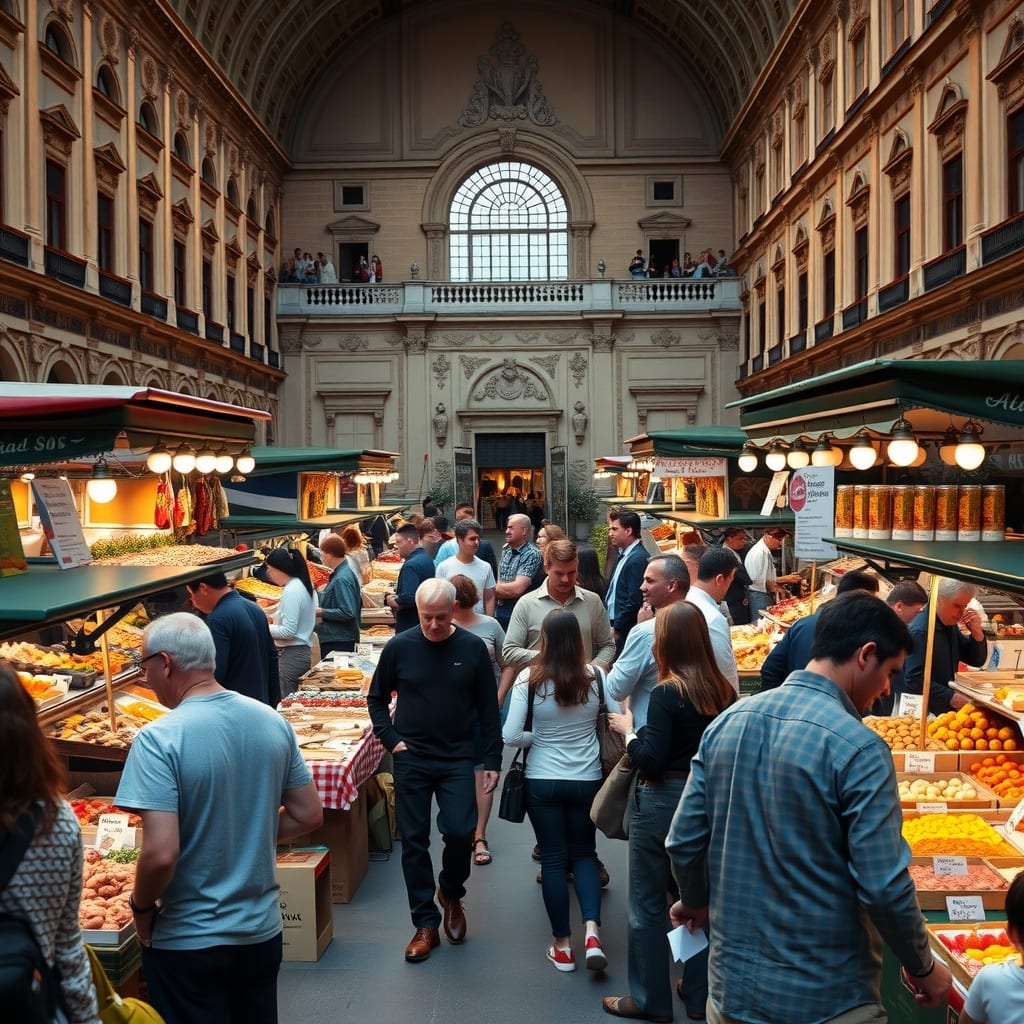 Grande mercato del cibo con centinaia di banchi dei produttori in una piazza barocca di Torino, e la folla che assaggia