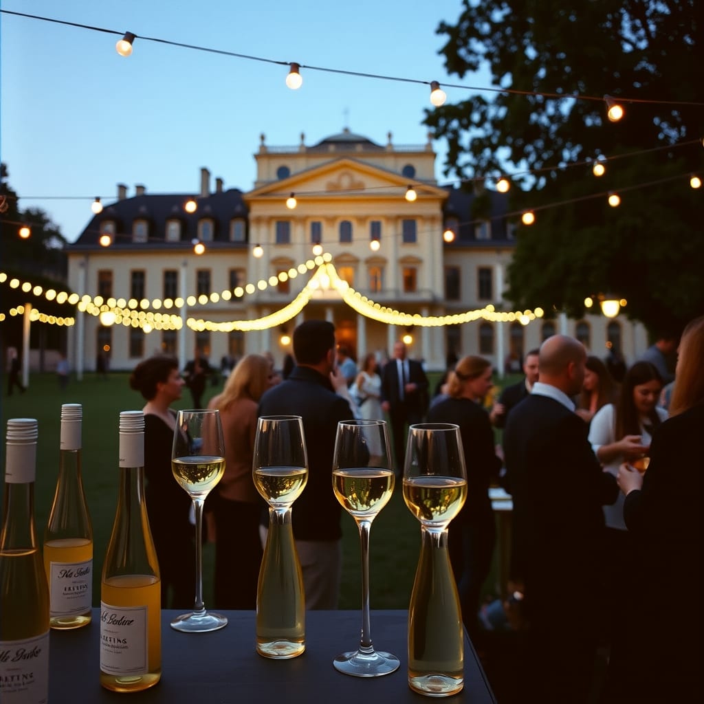 Banchi con i vini bianchi in fila sotto le luci appese nei Giardini Reali di Torino, la sera, con la facciata barocca del palazzo dietro